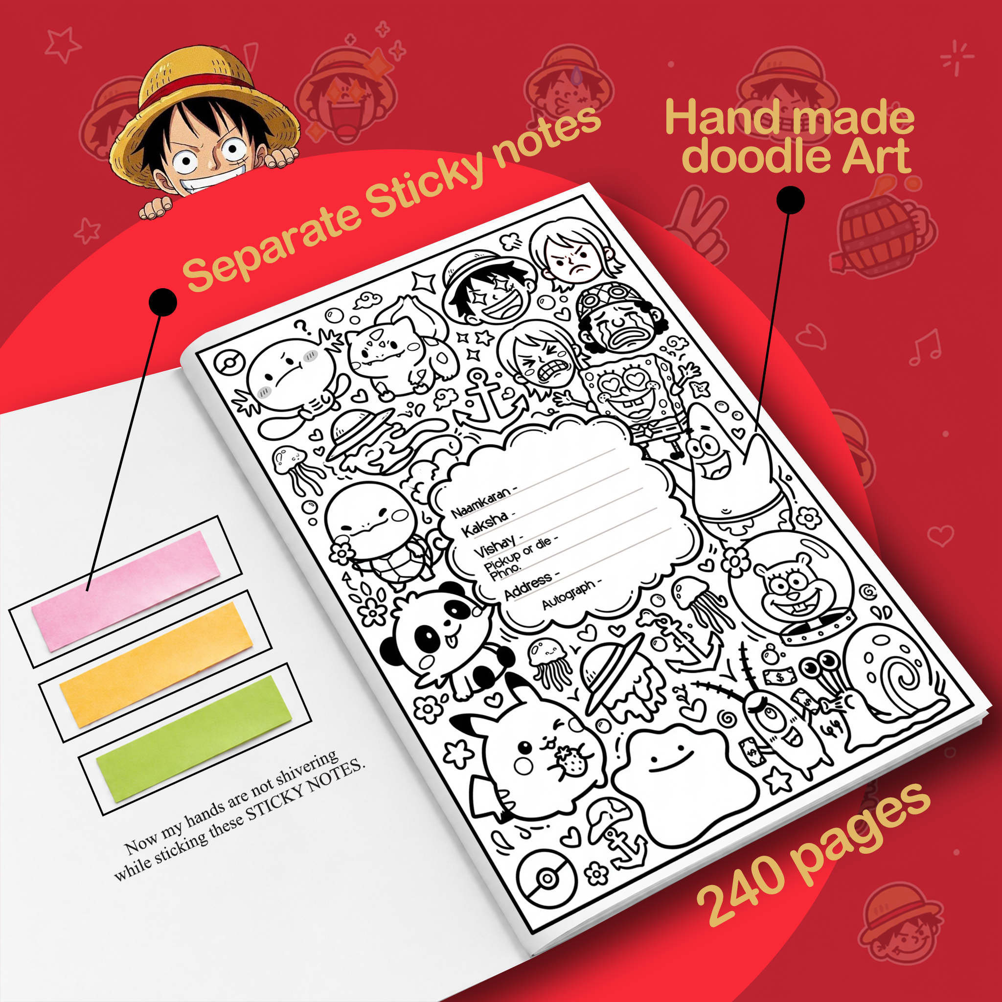 Luffy - Pirate King Edition A4 Notebook (240 pages) with Sticky Notes